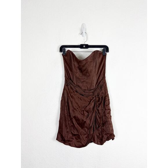 Zara Brown TopStitch Strapless Satin Draped Mini Dress Size Large Corset Bustier - Picture 3 of 15